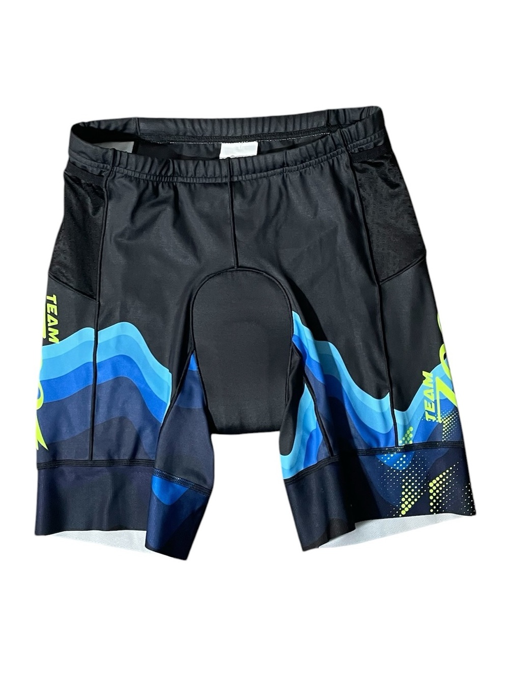 D1- Black Cycling Shorts with Blue Wave & Neon Accents Large